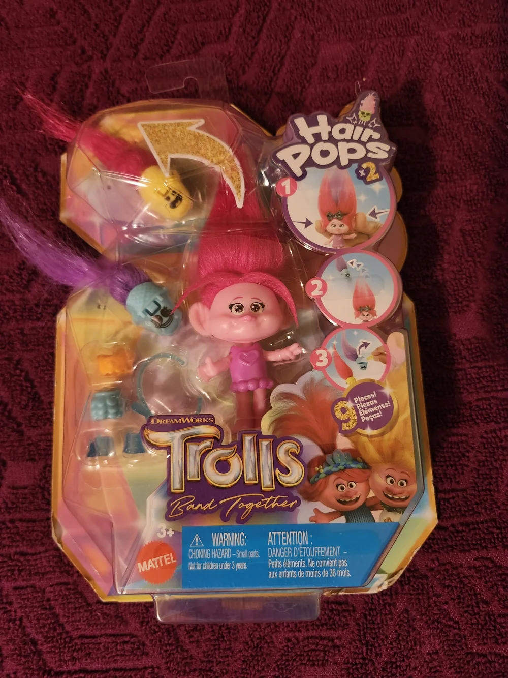 Trolls Pink Hair Pops Mini Figure Playset with Blue and Yellow Accessories